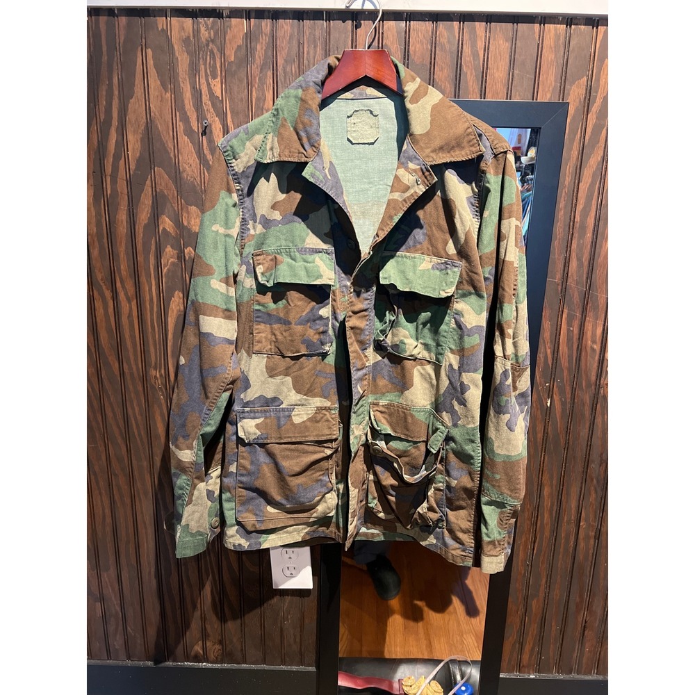 Vintage Woodland Camo Field Jacket Military Surplus Ripstop Cargo Coat XL
